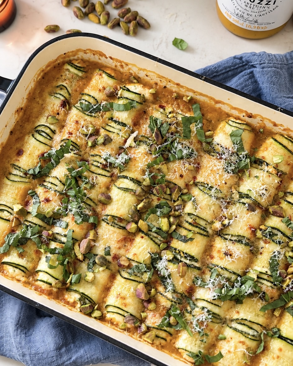 Roulés de courgettes à la ricotta, sauce tomate jaune, parmesan et pistaches